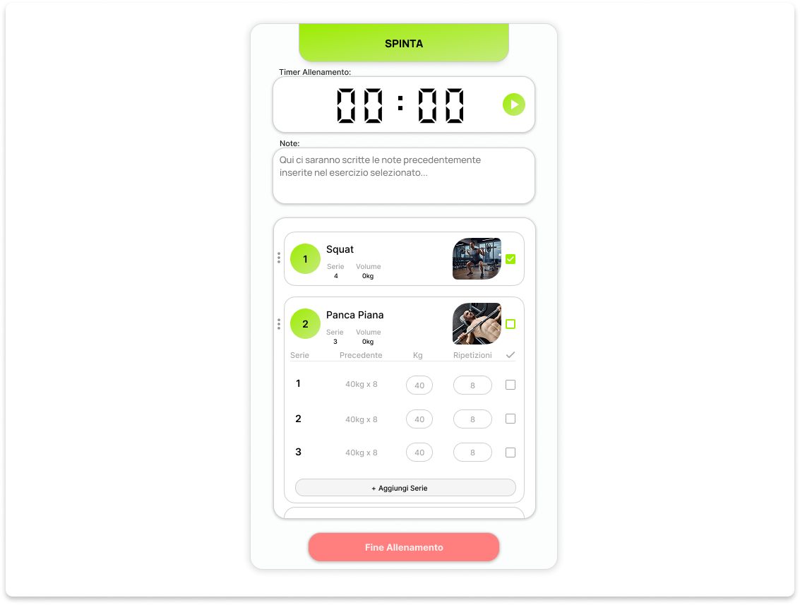 Sessione allenamento VitBeat con timer e serie esercizi