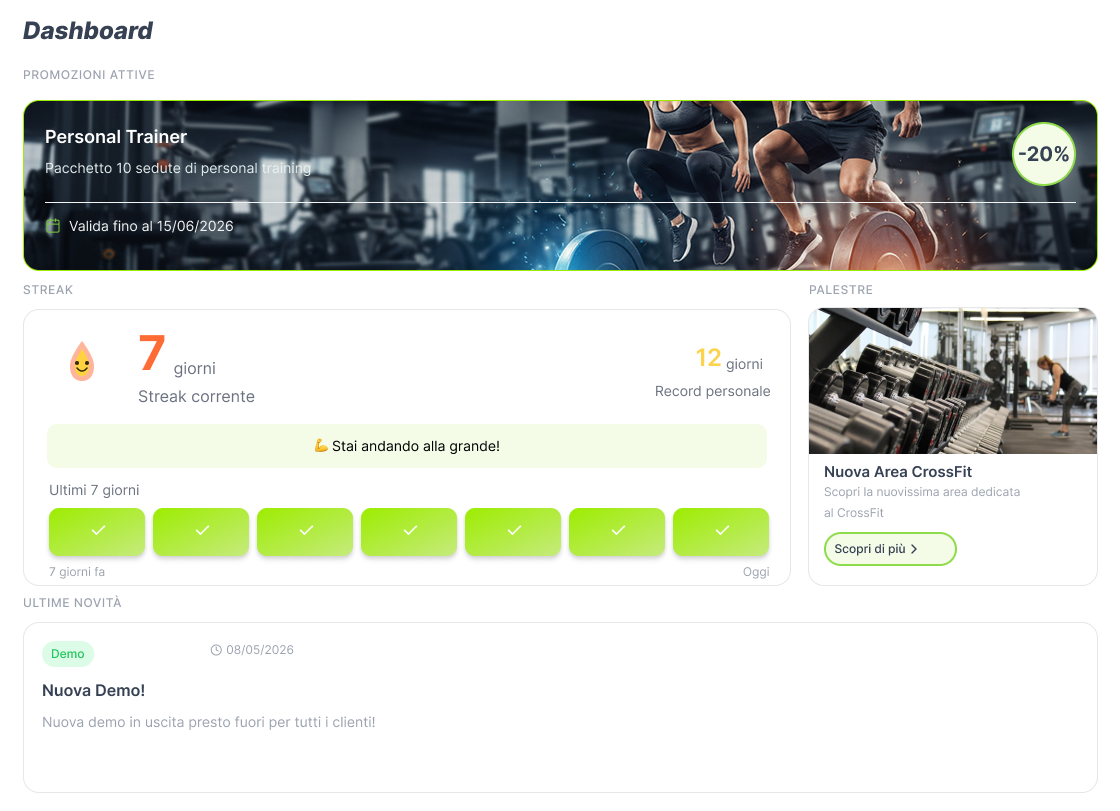 Dashboard VitBeat con streak, palestre, promozioni e ultime novita
